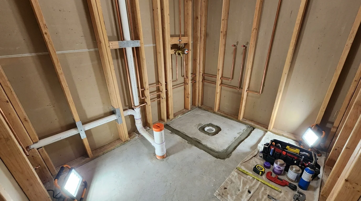 Bathroom rough-in plumbing during remodel by Johns Plumbing LLC in Carthage