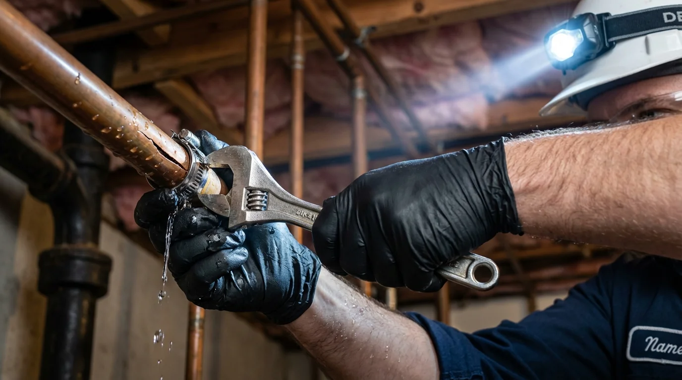 Emergency pipe clamp repair being performed by a Johns Plumbing LLC plumber in Carthage