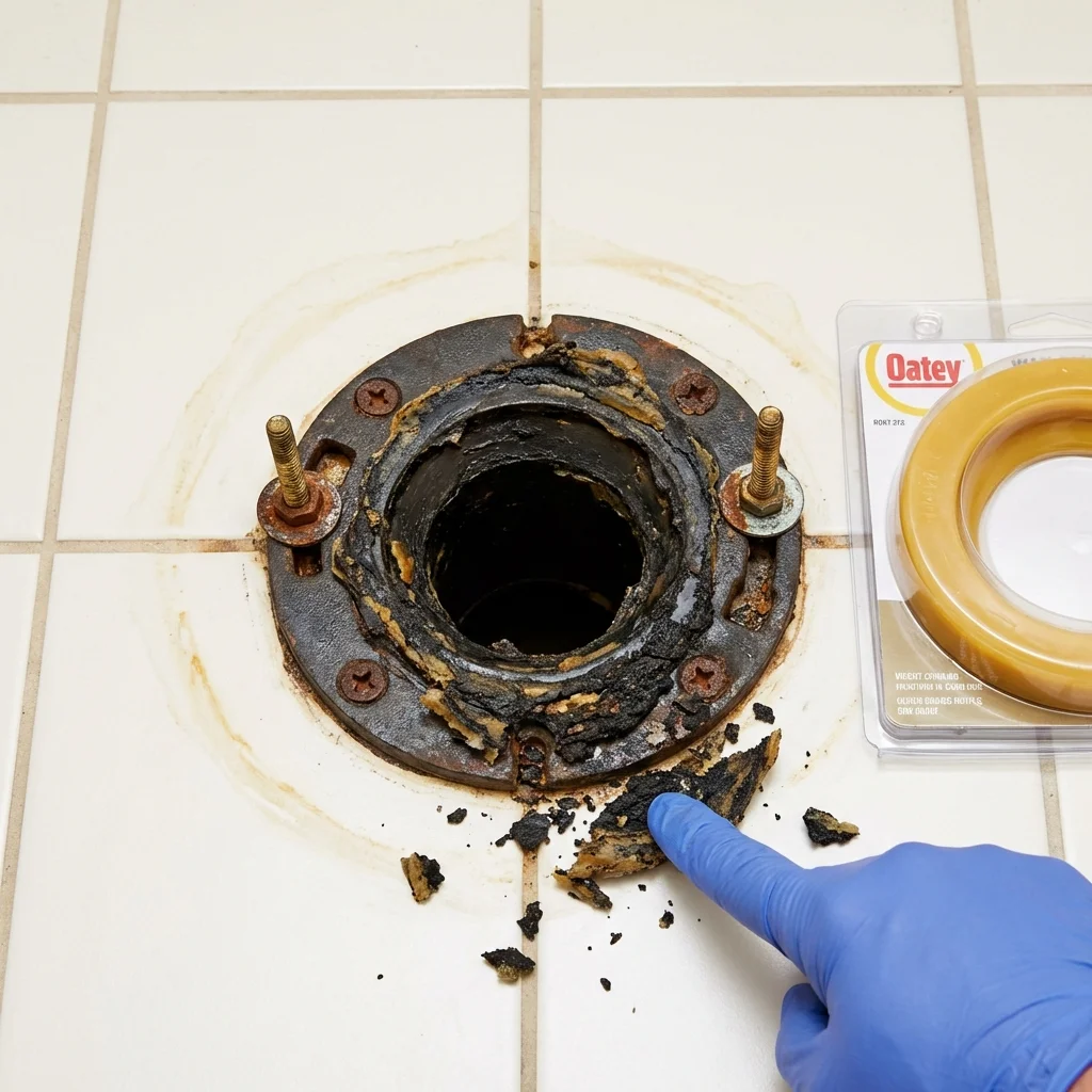 Failed wax ring showing water seepage at the base of a toilet in a Carthage, MO home