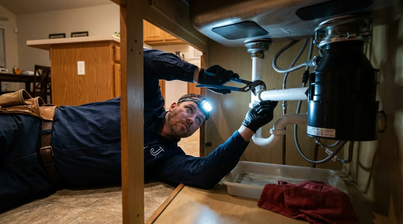 P-trap and supply line connections under a kitchen sink showing a common leak point in Carthage, MO